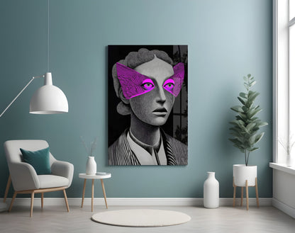 Grayscale Portrait with Magenta Eye Mask Glass Wall Art – view 4
