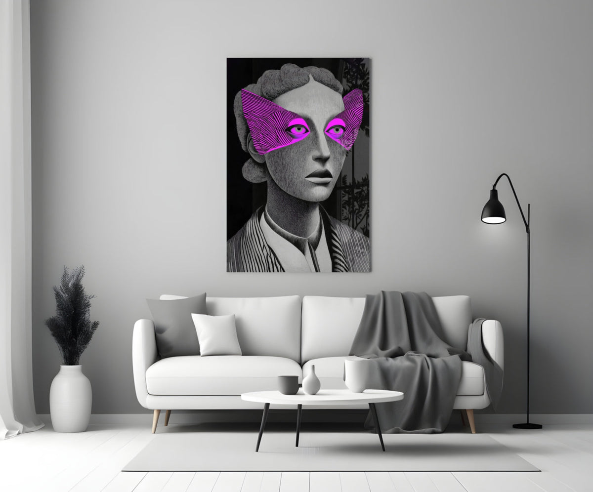 Grayscale Portrait with Magenta Eye Mask Glass Wall Art – view 3