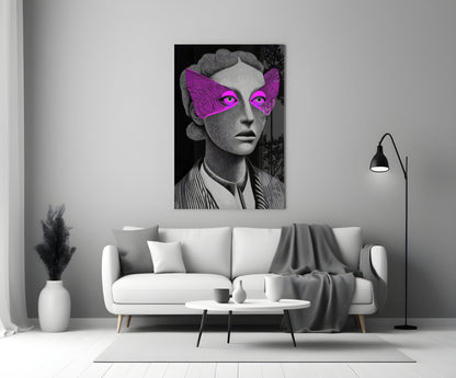 Grayscale Portrait with Magenta Eye Mask Glass Wall Art – view 3
