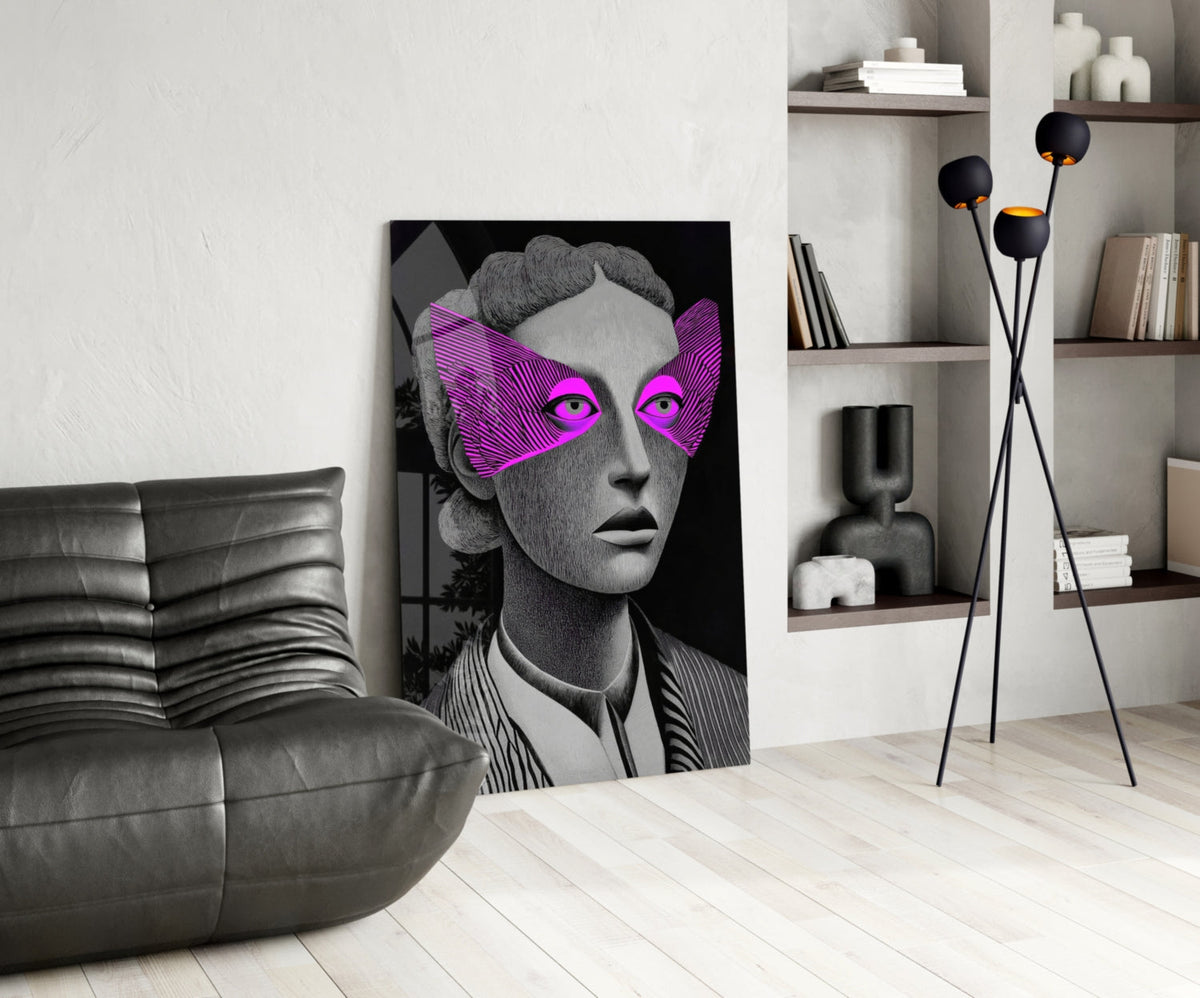 Grayscale Portrait with Magenta Eye Mask Glass Wall Art – view 5
