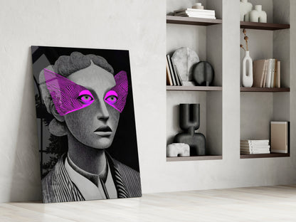 Grayscale Portrait with Magenta Eye Mask Glass Wall Art – view 6