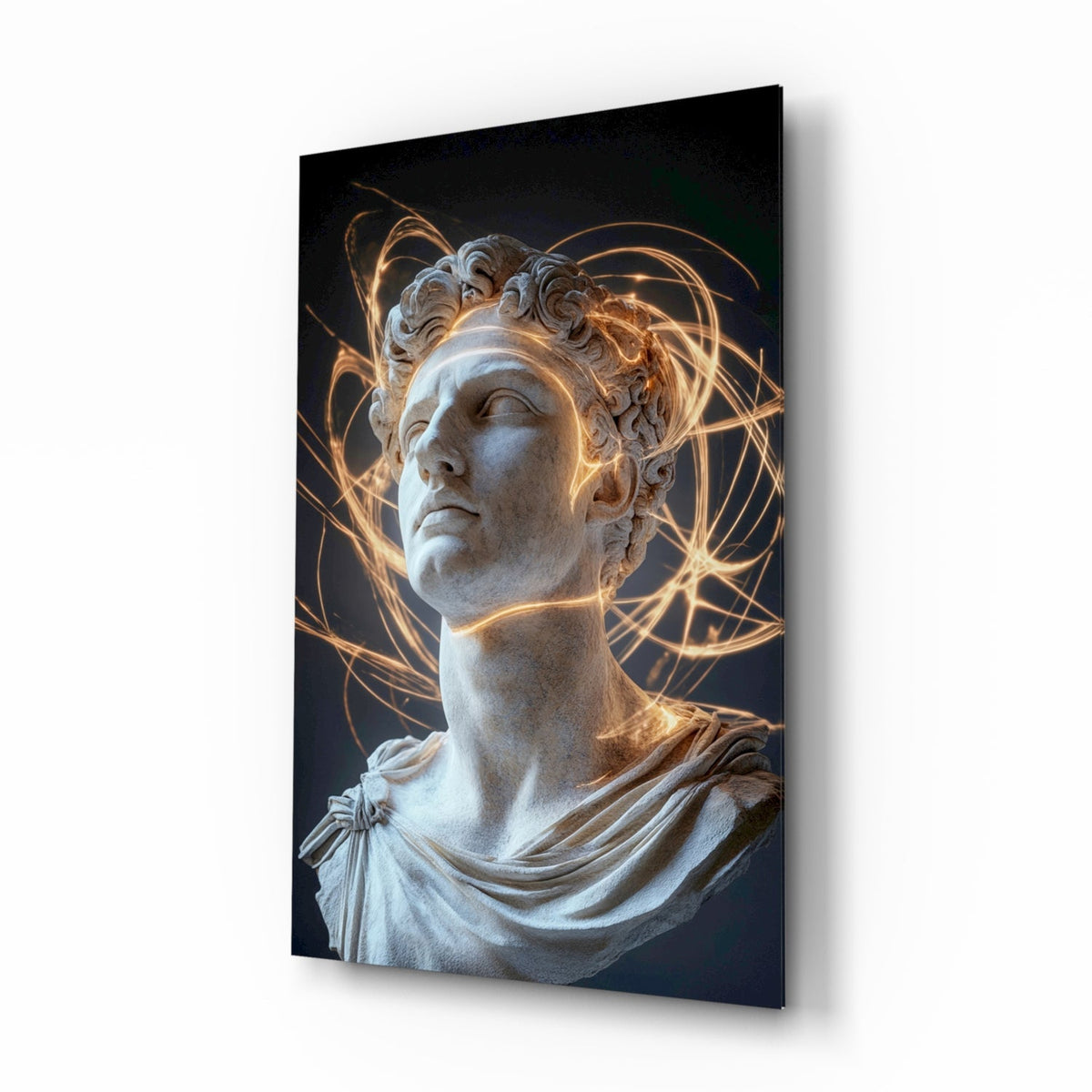 Marcus Aurelius marble bust glass wall art with glowing golden filaments hanging in a home study