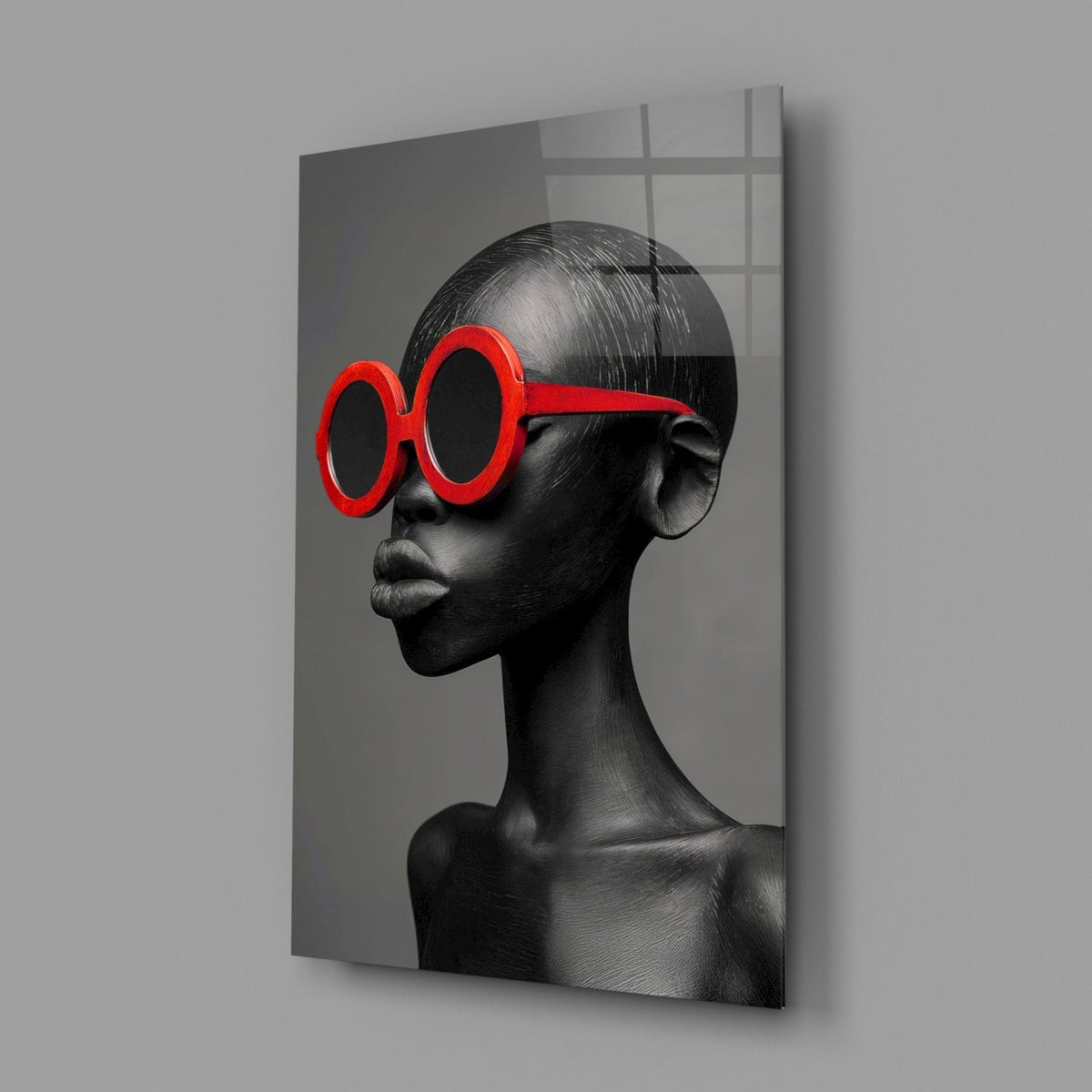 Red Round Sunglasses Gray Portrait Glass Wall Art – Fashion Print – view 2