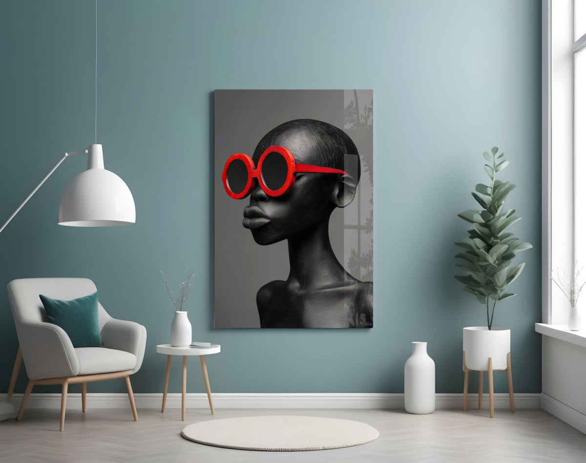 Red Round Sunglasses Gray Portrait Glass Wall Art – Fashion Print – view 4