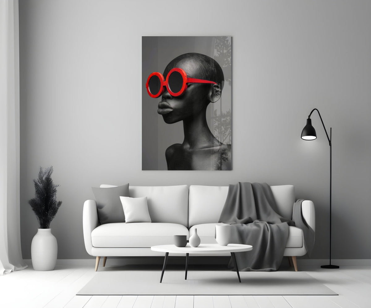 Red Round Sunglasses Gray Portrait Glass Wall Art – Fashion Print – view 3