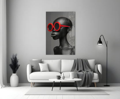 Red Round Sunglasses Gray Portrait Glass Wall Art – Fashion Print – view 3