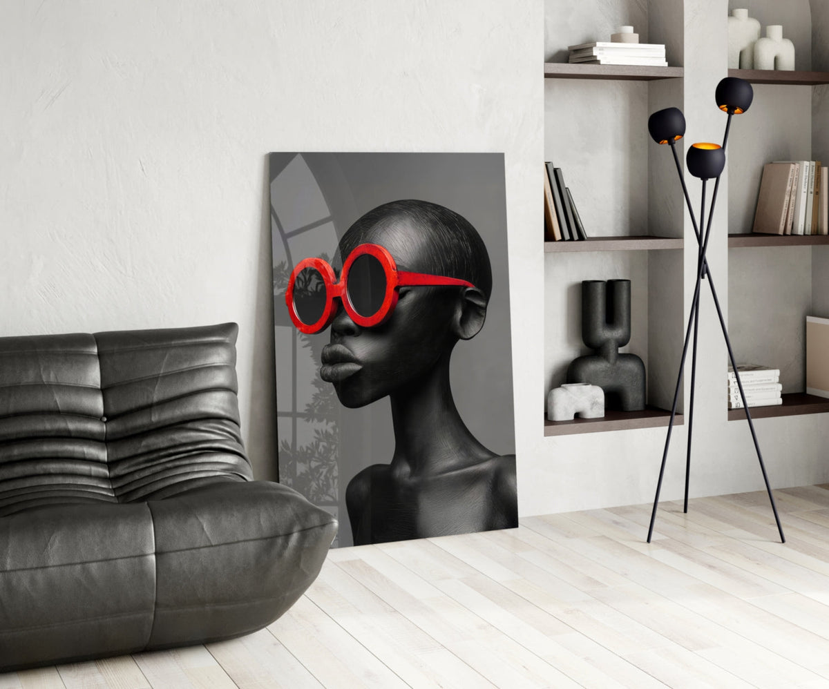 Red Round Sunglasses Gray Portrait Glass Wall Art – Fashion Print – view 5