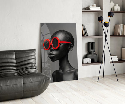 Red Round Sunglasses Gray Portrait Glass Wall Art – Fashion Print – view 5