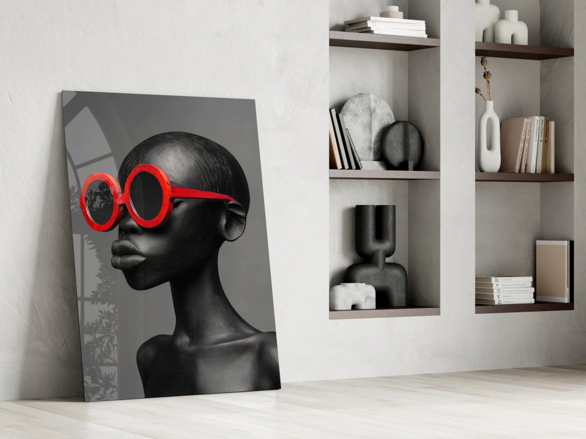 Red Round Sunglasses Gray Portrait Glass Wall Art – Fashion Print – view 6