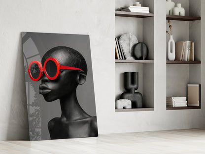 Red Round Sunglasses Gray Portrait Glass Wall Art – Fashion Print – view 6
