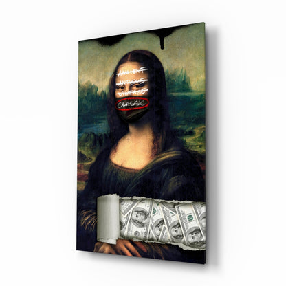 Mona Lisa with black face mask and graffiti tags pop art glass wall art in an office