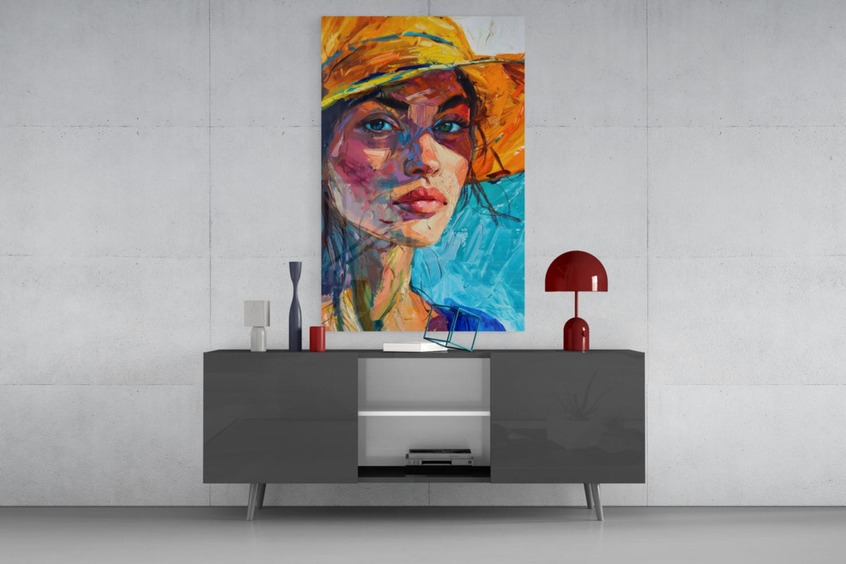 Woman in Orange Hat Glass Wall Art – Designer Collection Portrait – view 8