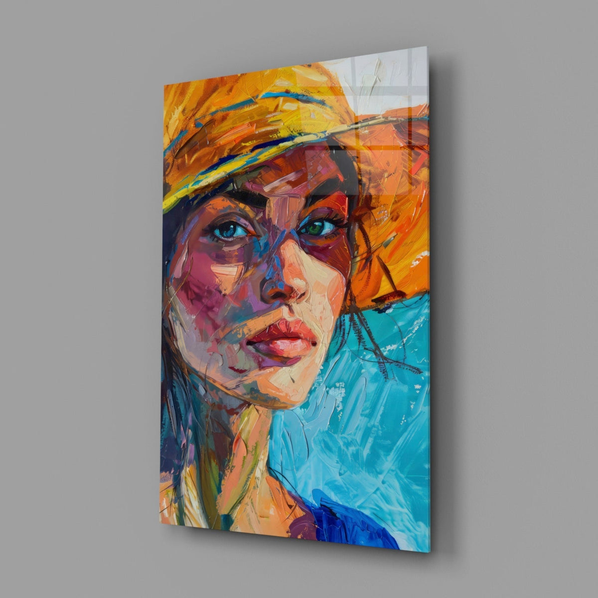 Woman in Orange Hat Glass Wall Art – Designer Collection Portrait – view 2