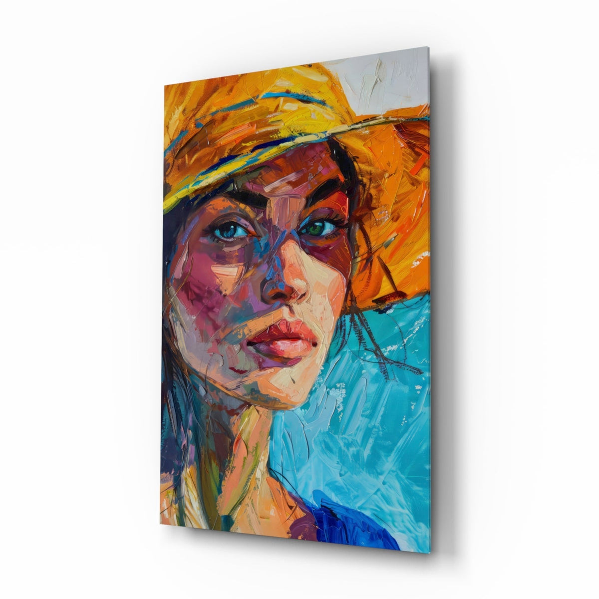 Woman in orange straw hat expressionist portrait glass wall art in a bright coastal living room