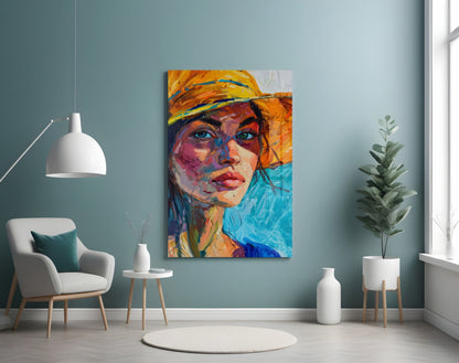 Woman in Orange Hat Glass Wall Art – Designer Collection Portrait – view 4