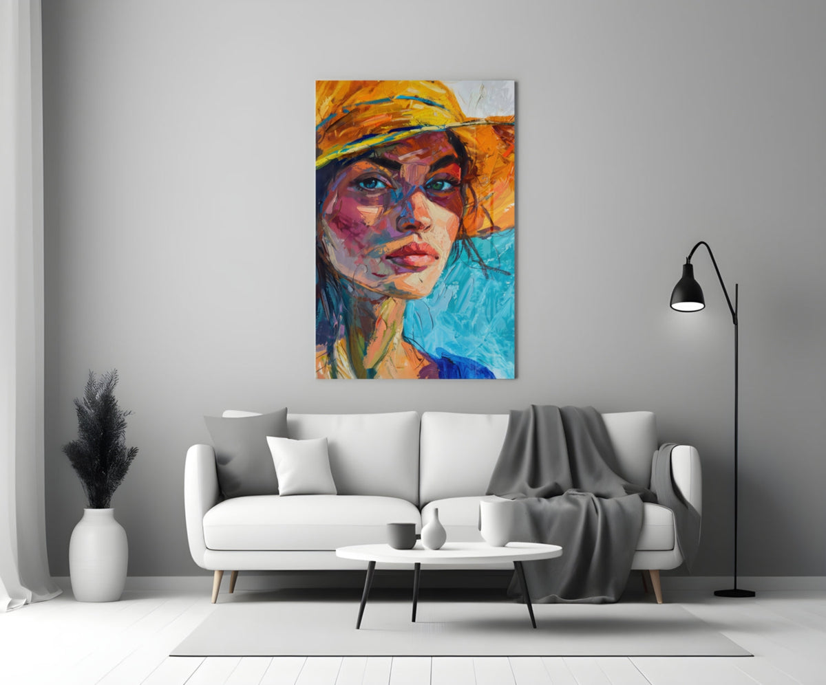 Woman in Orange Hat Glass Wall Art – Designer Collection Portrait – view 3