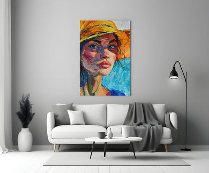 Woman in Orange Hat Glass Wall Art – Designer Collection Portrait – view 3