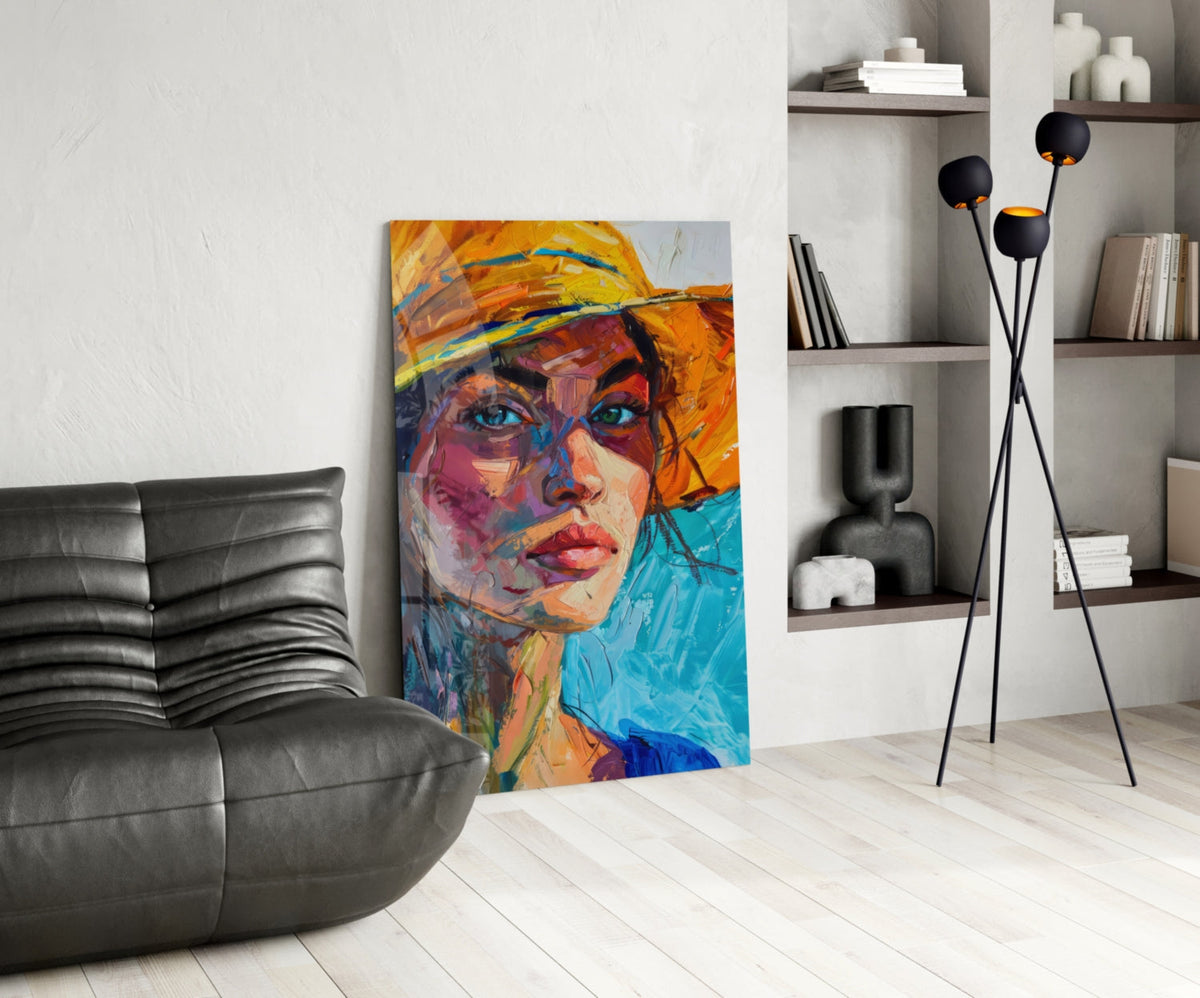 Woman in Orange Hat Glass Wall Art – Designer Collection Portrait – view 5
