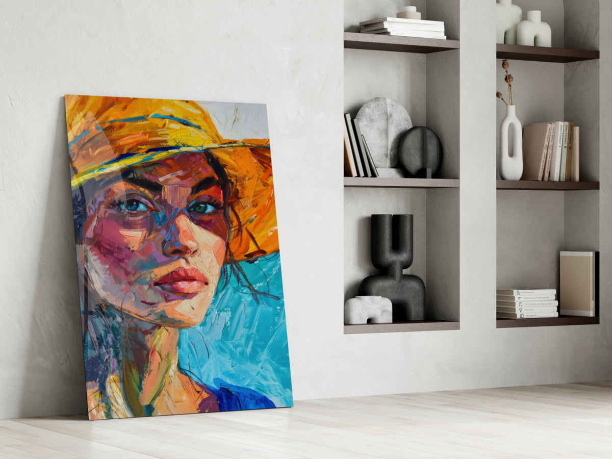 Woman in Orange Hat Glass Wall Art – Designer Collection Portrait – view 6