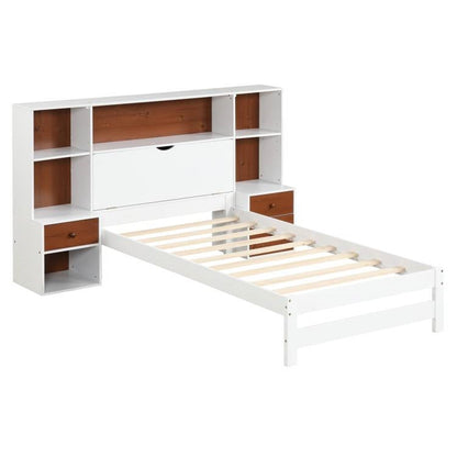 White Walnut Twin Bed Frame with Bookcase Headboard and Nightstands