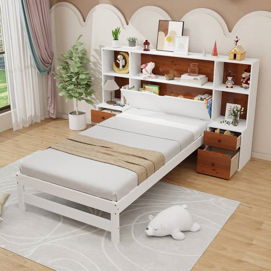 Twin Bed Frame with Bookcase Headboard and Nightstands, White Walnut – view 2