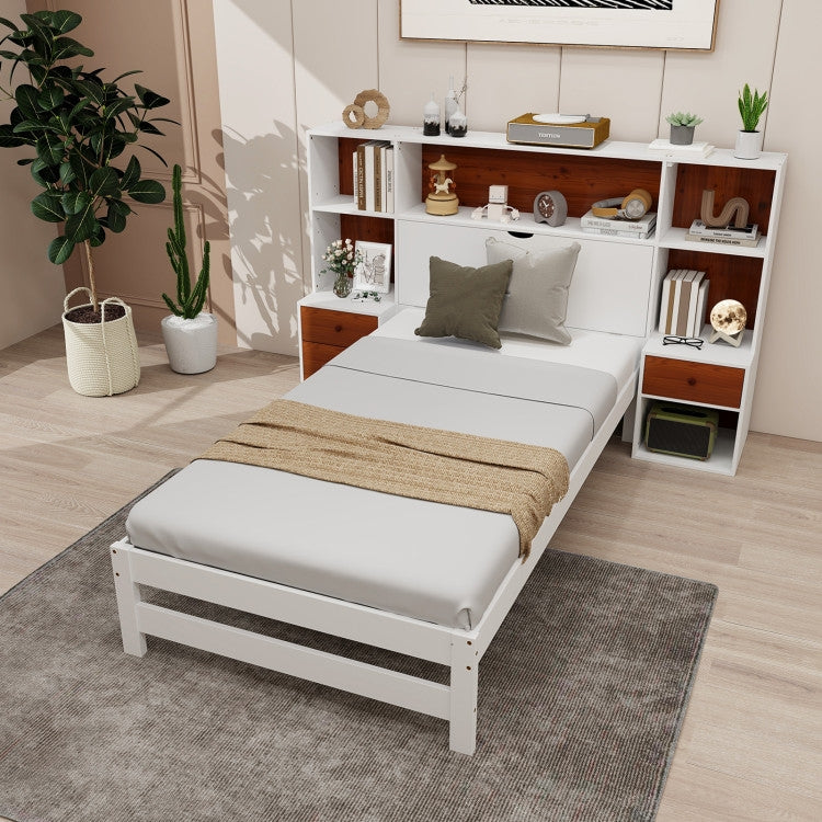 Twin Bed Frame with Bookcase Headboard and Nightstands, White Walnut – view 3