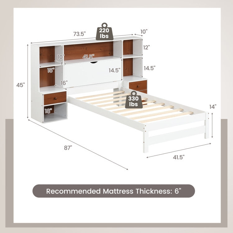Twin Bed Frame with Bookcase Headboard and Nightstands, White Walnut – view 5