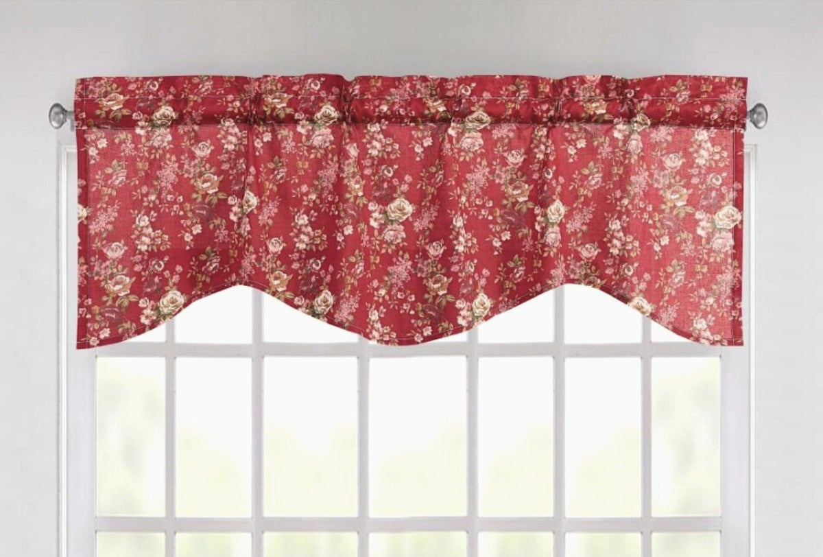 Cotton Burgundy Floral Sheer Scalloped Window Valance