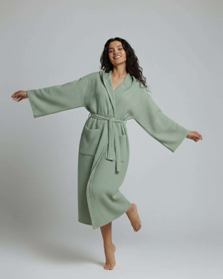 Turkish Cotton Waffle Weave Hooded Bathrobe, Unisex Spa Robe – view 5