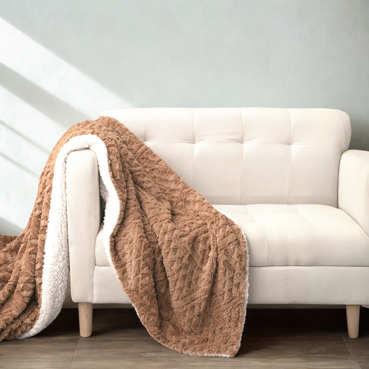 Caramel Brown Embossed Chevron Faux Fur and Sherpa Throw Blanket – view 9