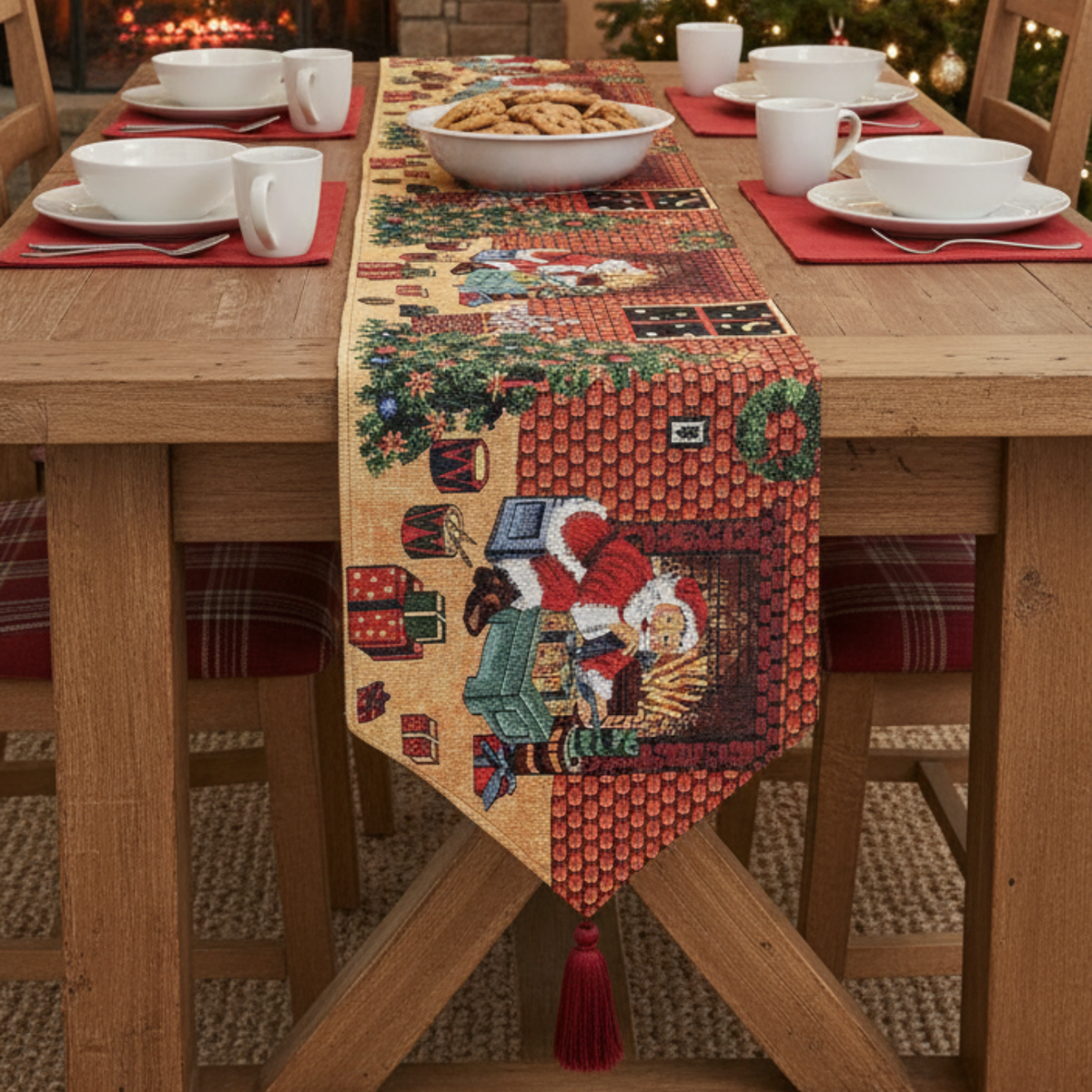 Cotton Blend Festive Table Runner, Santa Claus Preparations