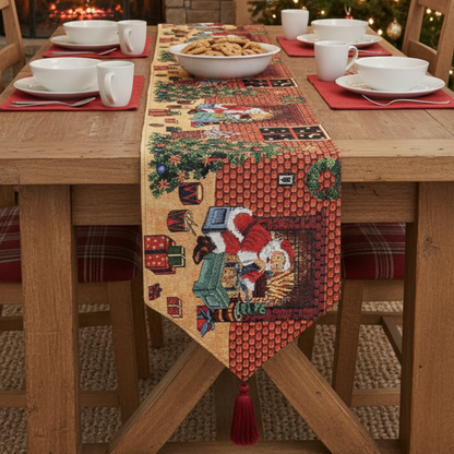 Cotton Blend Festive Table Runner, Santa Claus Preparations