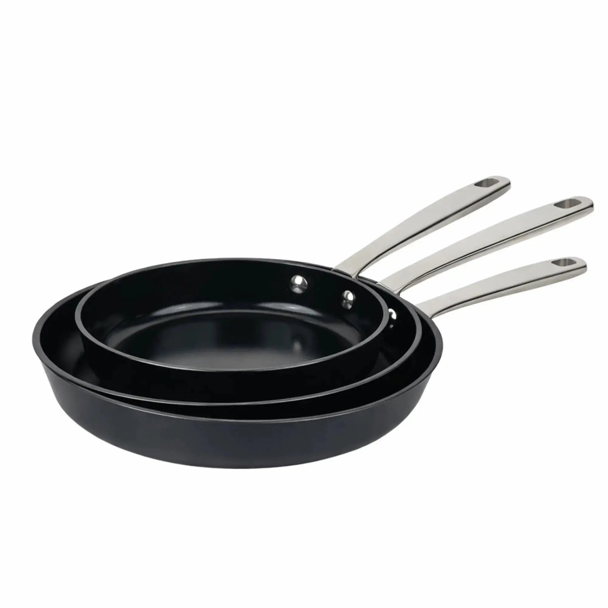 Set of three ceramic nonstick frying pans in 8, 9.5 and 11 inch sizes with stainless steel handles