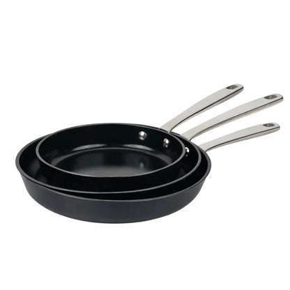 Set of three ceramic nonstick frying pans in 8, 9.5 and 11 inch sizes with stainless steel handles