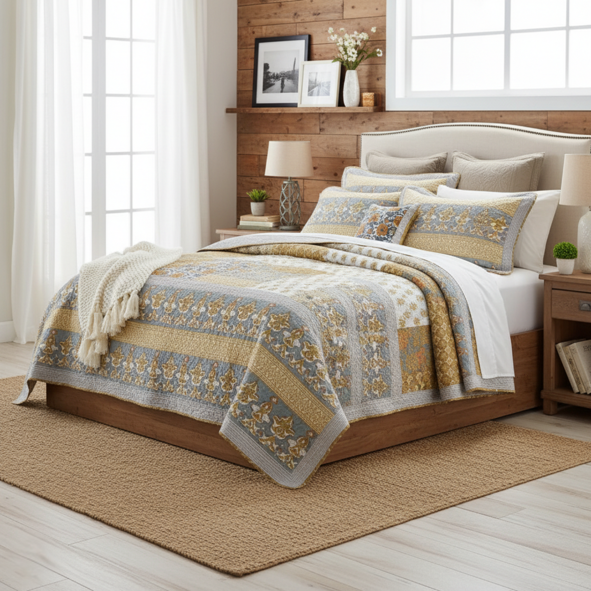 100% Cotton Gilded Garden Floral Gold Quilt Bedspread Set