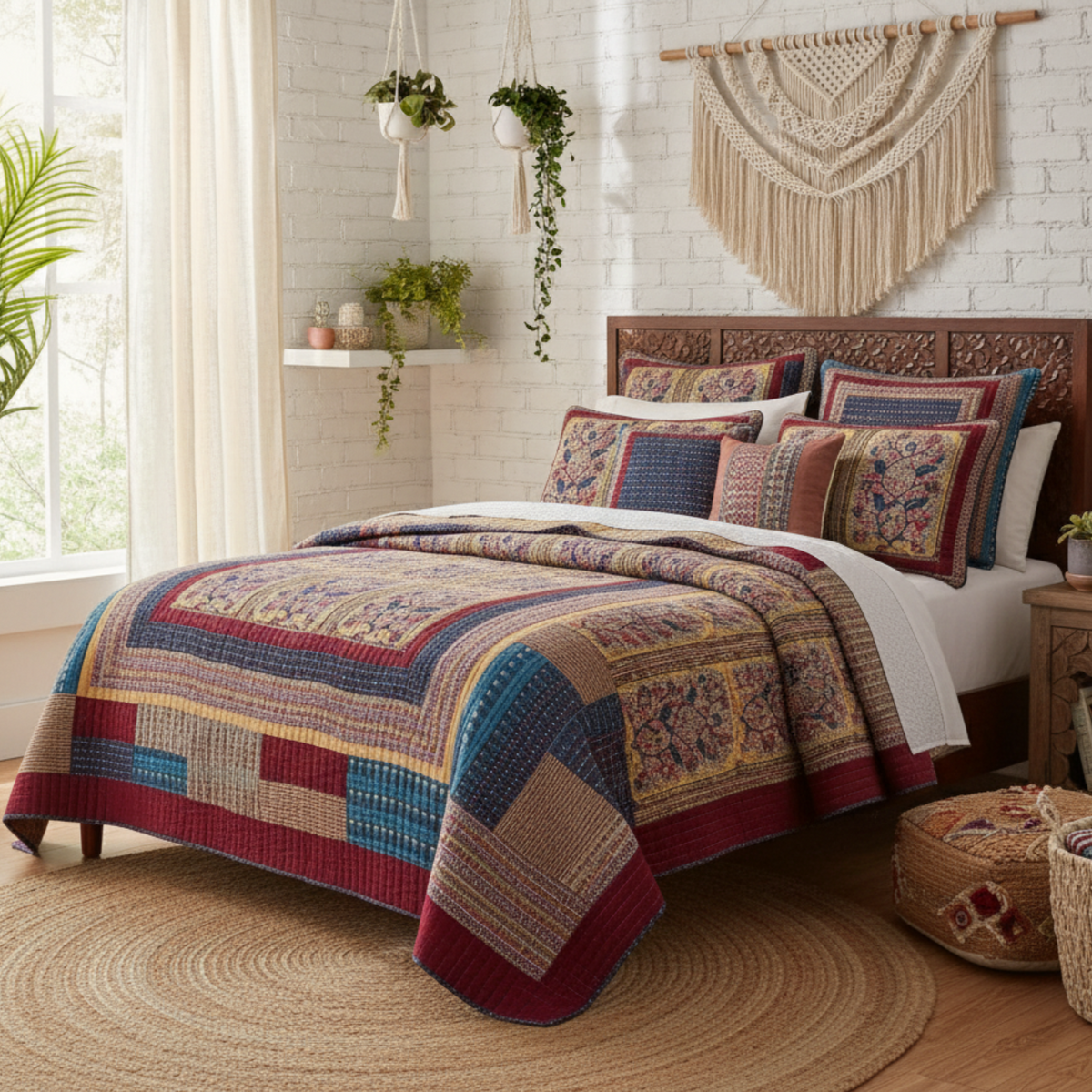 Lightweight Cotton Patchwork Quilt Set, Vineyard Floral Motif