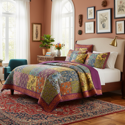 Cotton Patchwork Quilted Bedspread Set with Floral Design