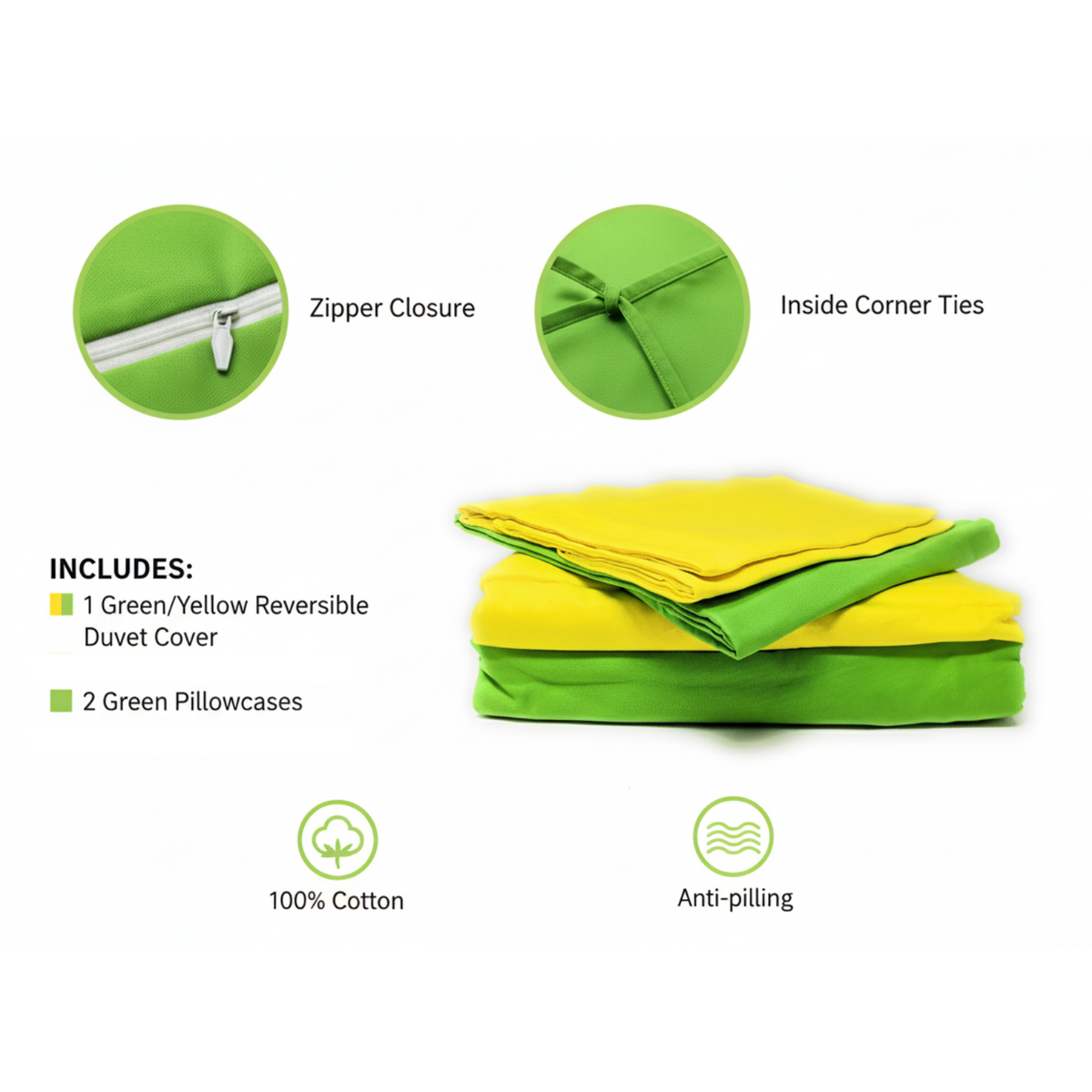100% Cotton Reversible Duvet Cover Set in Lemon Lime Yellow and Green – view 2