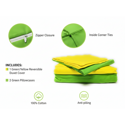 100% Cotton Reversible Duvet Cover Set in Lemon Lime Yellow and Green – view 2