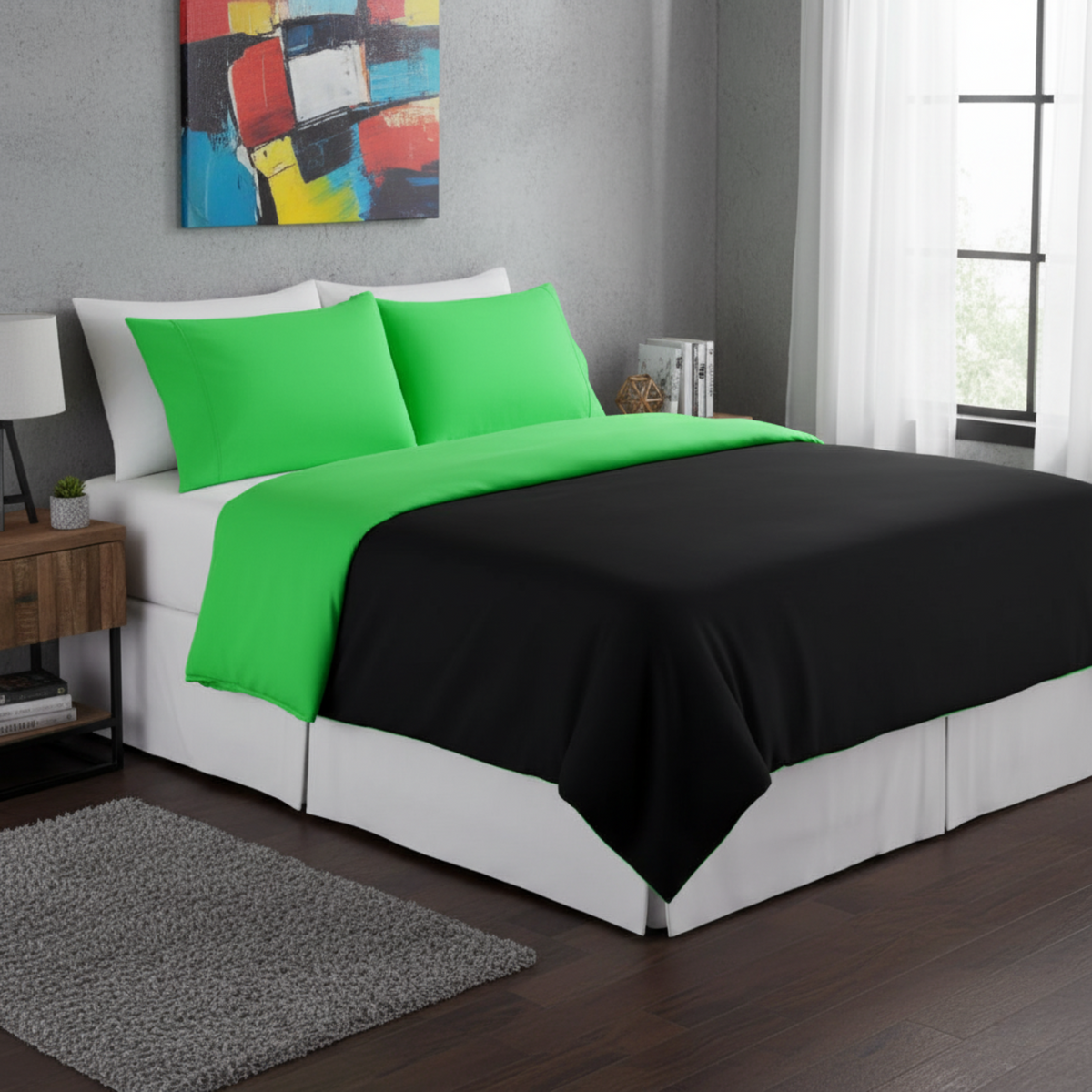 Cotton Lime Green & Black Reversible Duvet Cover