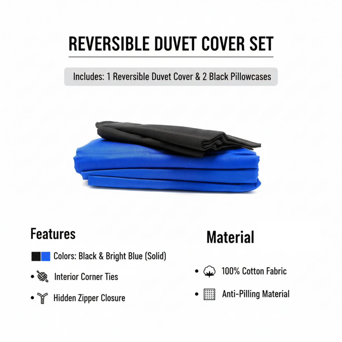 100% Cotton Reversible Duvet Cover Set in Deep Blue and Black – view 2