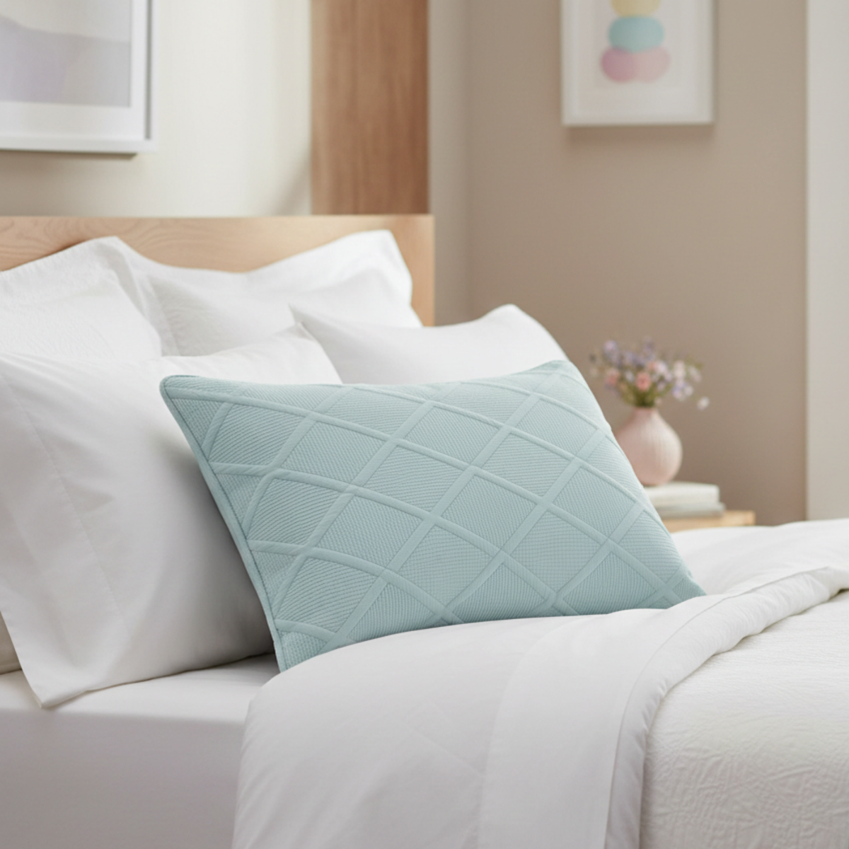 Seafoam Blue Diamond Matelasse Cotton Pillow Sham, Queen or King – view 3