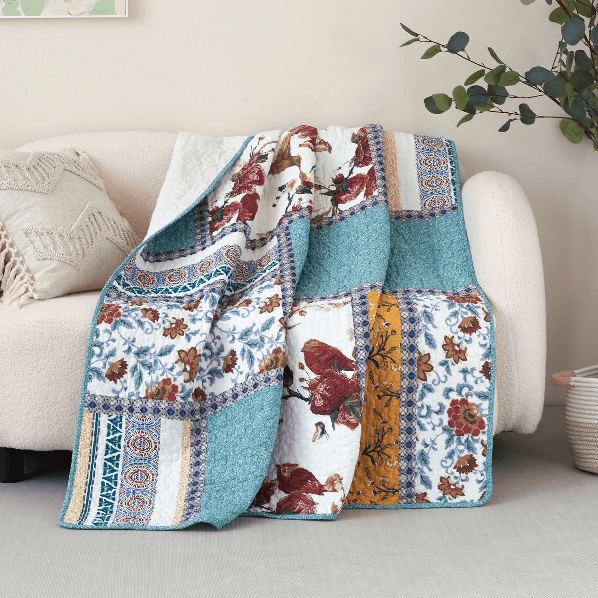 Cotton Patchwork Quilted Throw Blanket, Old World Garden Pastel