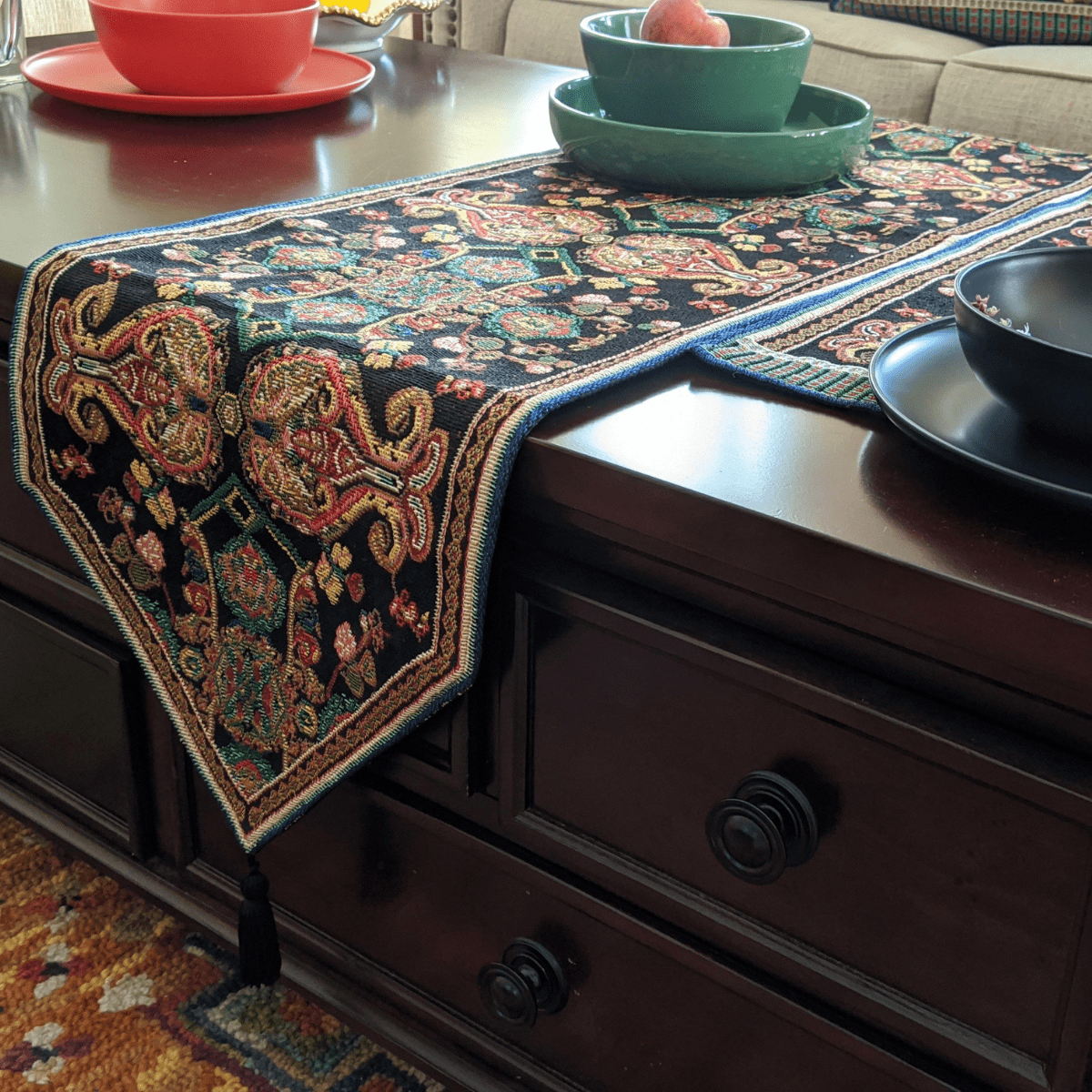 Woven Tapestry Table Runner with Ornate Paisley Medallion