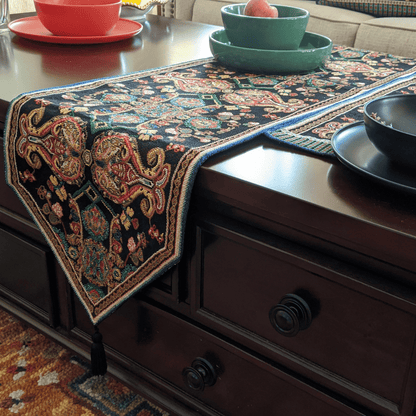 Woven Tapestry Table Runner with Ornate Paisley Medallion
