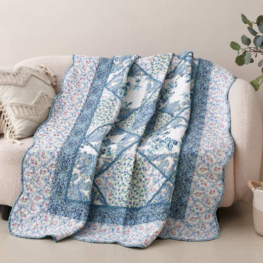 Cotton Patchwork Quilted Throw Blanket, White Blue Floral Scalloped