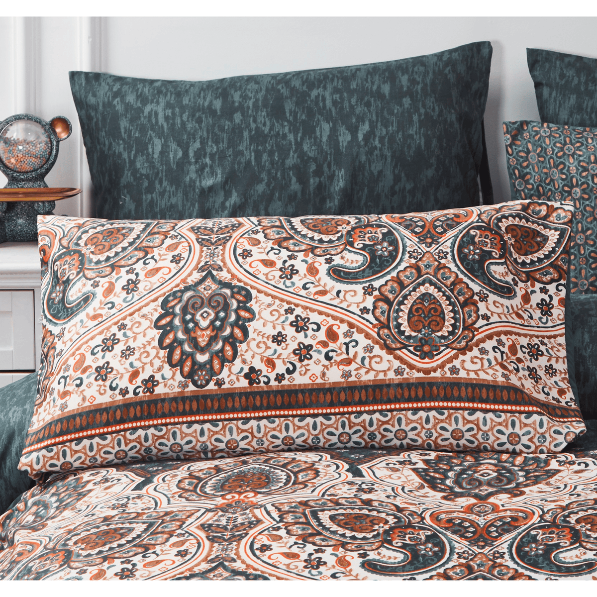 Rustic Paisley Mandala Teal, Orange and Ivory Pillowcases, Set of 2 – view 2