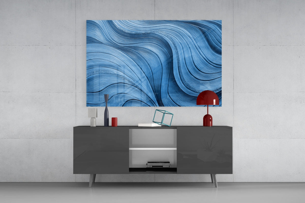 Painterly Ocean Waves Blue Glass Wall Art with Silver Highlights – view 8