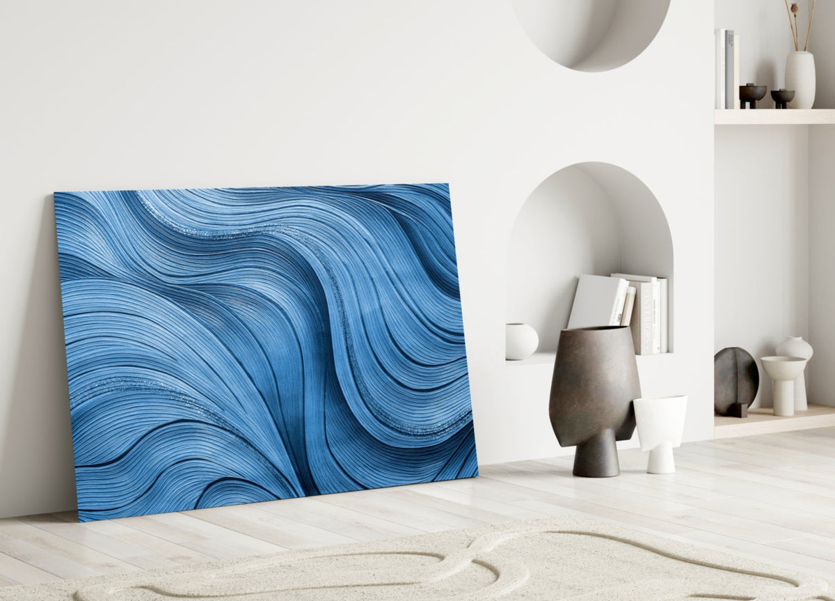 Painterly Ocean Waves Blue Glass Wall Art with Silver Highlights – view 5