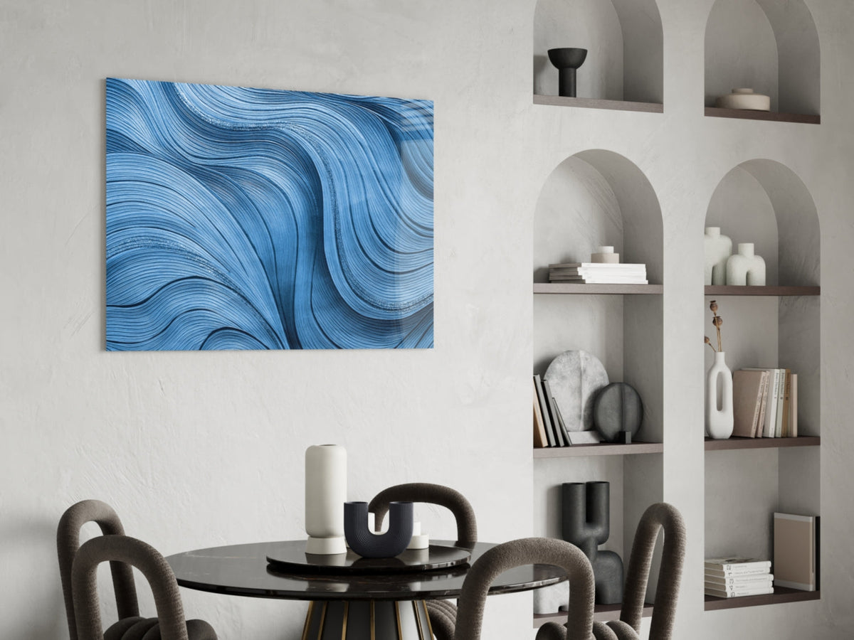 Painterly Ocean Waves Blue Glass Wall Art with Silver Highlights – view 6